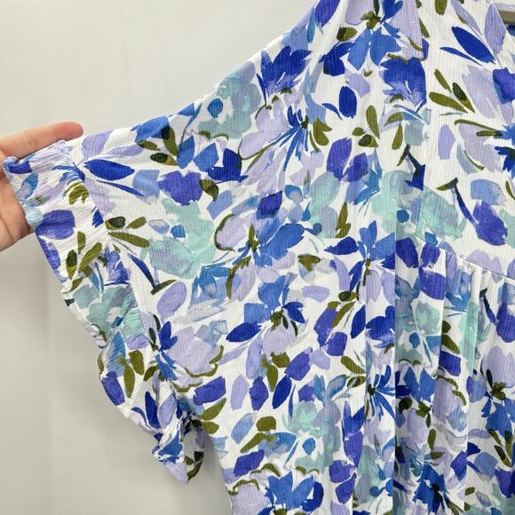 Andree by Unit Garden Floral Ruffle Top Size 2X Blue White Boho Beach Babydoll - Picture 2 of 8
